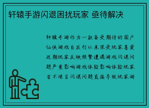 轩辕手游闪退困扰玩家 亟待解决